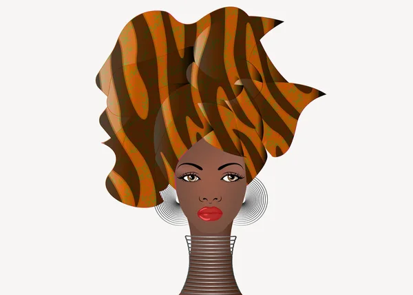 Retrato da jovem mulher africana em um turbante colorido. Enrole Afro moda, Ancara, Kente, kitenge, mulheres africanas vestidos com jóias étnicas. Estilo nigeriano, moda ganesa. Vetor isolado para impressão, cartaz, t-shirt, cartão — Vetor de Stock