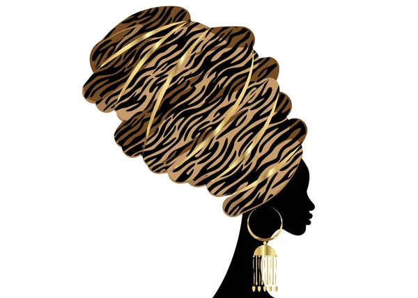 Portrait belle femme africaine dans le turban traditionnel, enveloppement de tête Kente, impression dashiki, noir afro femmes vecteur silhouette Afrique batik ethnique zèbre décoration tissu de couleur marron, concept de coiffure — Image vectorielle