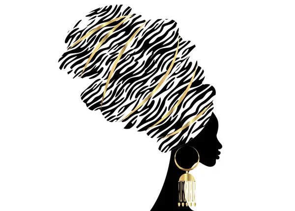 Portrait vectoriel belle femme africaine en turban traditionnel, enveloppement de tête de Kente, impression dashiki, silhouette vectorielle afro femmes noires Afrique batik, tissu de décoration ethnique zèbre, logo concept de coiffure — Image vectorielle