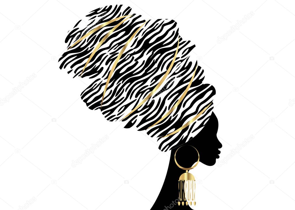 Vector Portrait beautiful African woman in traditional turban, Kente