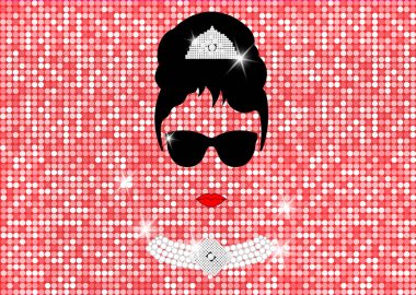 Audrey Hepburn, güneş gözlüğü, izole vektör portre ya da altın gül glitter doku ile 