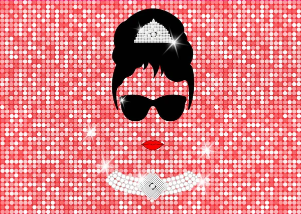 Audrey Hepburn, avec lunettes de soleil, portrait vectoriel isolé ou or rose paillettes texture — Image vectorielle