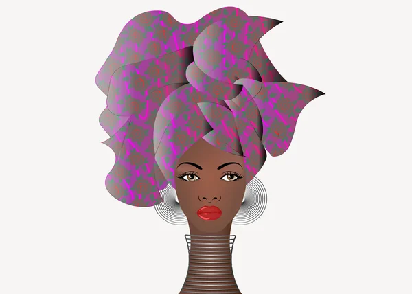在一个五颜六色的头巾的年轻非洲妇女的肖像。裹着非洲时尚, 安卡拉, 科特, kitenge, 非洲妇女穿着民族饰品。尼日利亚风格, 加纳时尚。用于打印、海报、t恤、卡片的矢量隔离 — 图库矢量图片