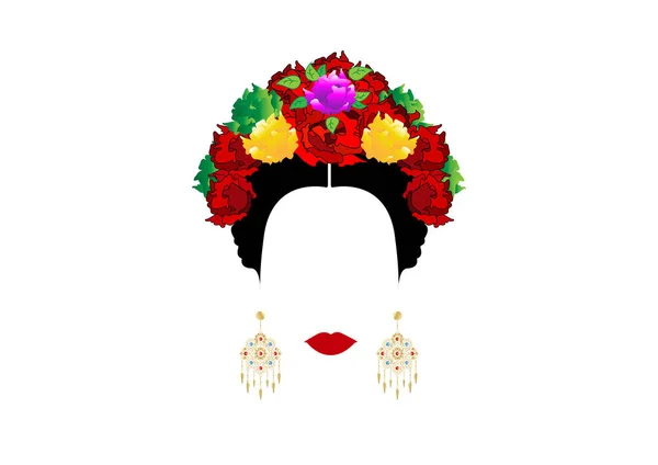 Retrato de mujer mexicana o española moderna, con coronas de flores y preciosos pendientes dorados. Vector aislado o fondo blanco — Vector de stock