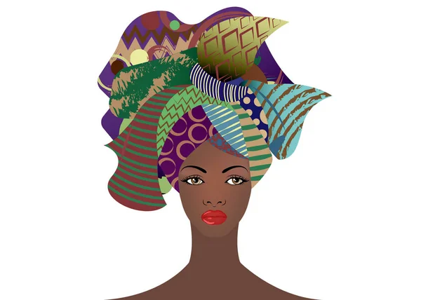Portré, fiatal afrikai nő, egy színes turbán. Wrap Afro divat, Ankara, Endre, kitenge, afrikai női ruhák. Nigériai stílus, ghánai divat. Vektor, a nyomtatás, plakát, póló, kártya — Stock Vector