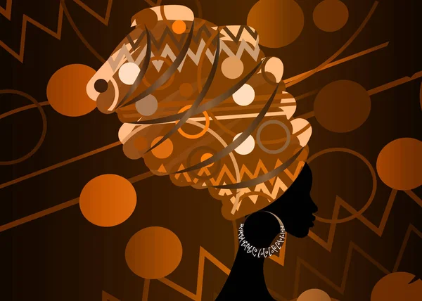 Όμορφο πορτρέτο Αφρικανή γυναίκα στο παραδοσιακό σαρίκι, περιτύλιγμα κεφάλι ΚΕΝΤΕ Αφρικής, dashiki εκτύπωσης, μαύρο Αφρο γυναίκες διάνυσμα σιλουέτα με Αφρικανική οστών σκουλαρίκι. Αφρική μπατίκ έθνικ στυλ διακόσμησης — Διανυσματικό Αρχείο