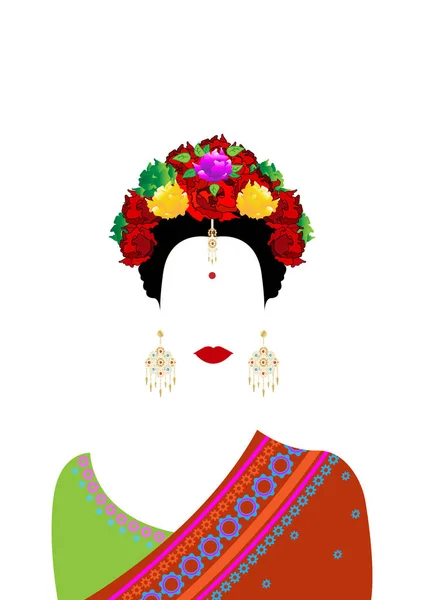 Retrato vectorial de una mujer india con flores de colores y joyas de oro tradicionales. Una mujer bengalí india vistiendo un tradicional y hermoso Saree de seda Banarasi. Vector aislado o fondo blanco — Vector de stock