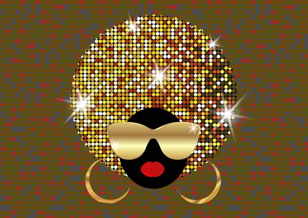 Retrato Africano Mulheres, pele escura rosto feminino com cabelo brilhante afro e ouro óculos de sol de metal no tradicional turbante étnico dourado, conceito de penteado, capa para música negra, discoteca, eventos de beleza, jazz — Vetor de Stock