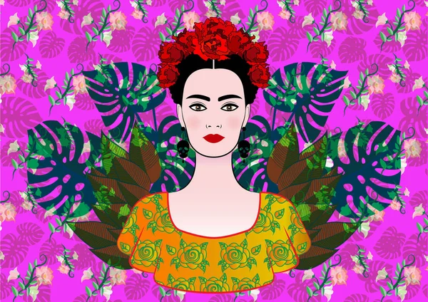 Πορτρέτο της η νεαρή γυναίκα όμορφη Μεξικού με ένα παραδοσιακό χτένισμα. Σκουλαρίκια Μεξικού κρανία, στέμμα της λουλούδια και κόκκινα λουλούδια, παραδοσιακή μεξικάνικη φόρεμα, την ημέρα του θανάτου. Διάνυσμα floral φόντο — Διανυσματικό Αρχείο