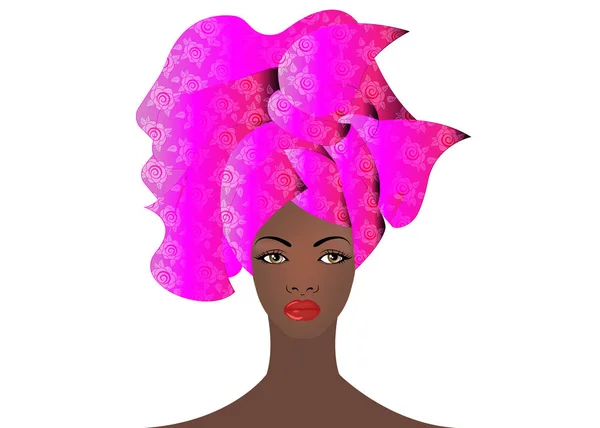 Portrait of the young African woman in a colorful turban. Wrap Afro fashion, Ankara, Kente, kitenge, African women dresses. Nigerian style, Ghanaian fashion. Vector for Print, poster, t-shirt, card — Stock Vector