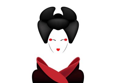 Japon ya da Asyalı kız, Japon kimono, Madam kelebek stil, ile geleneksel tarzda portresi vektör illüstrasyon izole