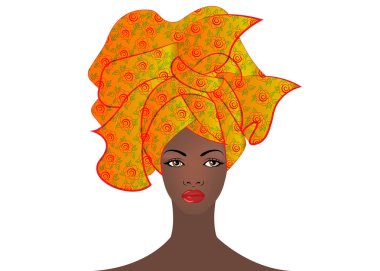 renkli sarık genç Afrikalı kadın portresi. Şal Afro moda, Ankara, başşehir, kitenge, Afrika bayan elbise. Nijeryalı stil, Ganalı moda. Vektör baskı, poster, tişört, kart