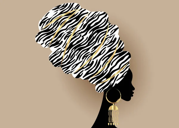 Vector Retrato bela mulher africana em turbante tradicional, Kente cabeça envoltório, impressão dashiki, preto afro mulheres vetor silhueta África batik, pano de decoração zebra étnica, logotipo conceito penteado — Vetor de Stock