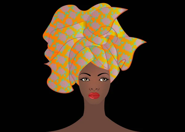 Retrato da jovem mulher africana em um turbante colorido. Envolva Afro moda, Ancara, Kente, kitenge, vestidos de mulheres africanas. Estilo nigeriano, moda ganesa. Vetor para impressão, cartaz, t-shirt, cartão —  Vetores de Stock