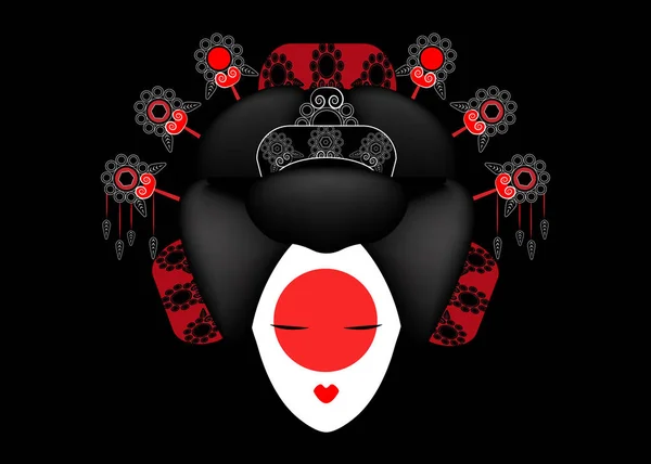 Portret van Japanse of Aziatisch meisje, traditionele stijl met Japanse kapsel, madama butterfly pop of Japanse Geisha cultuur, mooie mode vectorillustratie geïsoleerd of zwarte achtergrond — Stockvector