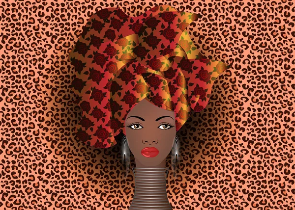 Πορτρέτο της η νεαρή αφρικανική γυναίκα σε ένα πολύχρωμο τουρμπάνι. Τυλίξτε Αφρο μόδας, Άγκυρα, ΚΕΝΤΕ, kitenge, φορέματα των γυναικών της Αφρικής. Στυλ Νιγηρίας, Γκάνα μόδας. Απομονωθεί για εκτύπωση, αφίσα, μπλουζάκι, κάρτα διάνυσμα — Διανυσματικό Αρχείο