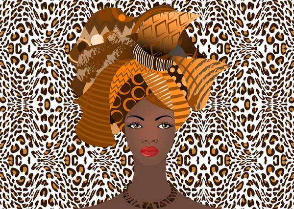 Portrait de la jeune femme africaine dans un turban coloré. Wrap Afro fashion, Ankara, Kente, kitenge, robes de femmes africaines. Style nigérian, mode ghanéenne. Vecteur avec fond de texture léopard — Image vectorielle