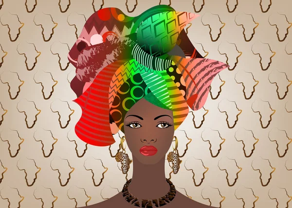Портрет молодой африканской женщины в красочном тюрбане. Афромода, Анкара, Кенте, Китендж, африканские женские платья. Нигерийский стиль, ганская мода. Вектор с фактурным фоном Африки — стоковый вектор