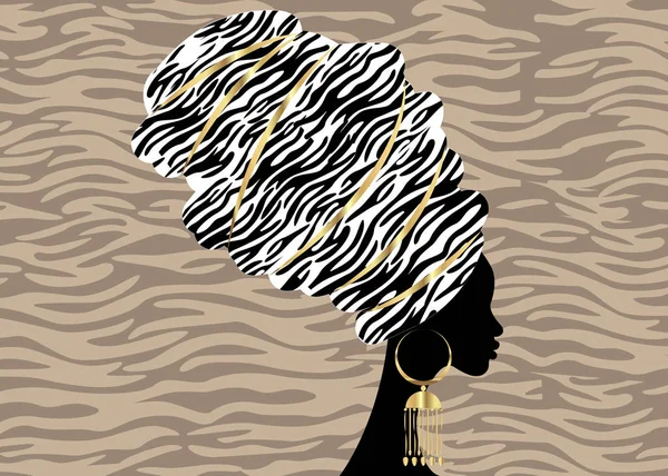 Vector Retrato hermosa mujer africana en turbante tradicional, Kente cabeza envoltura, impresión dashiki, negro afro mujeres vector silueta África batik, étnico cebra decoración tela, peinado concepto logotipo — Vector de stock