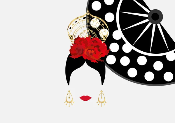 Vector portret van traditionele Latijnse of Spaanse vrouw danser Lady met gouden accessoires peineta, gouden oorringen en rode bloem, Flamenco pictogram met traditionele hand ventilator. Geïsoleerde of witte achtergrond — Stockvector