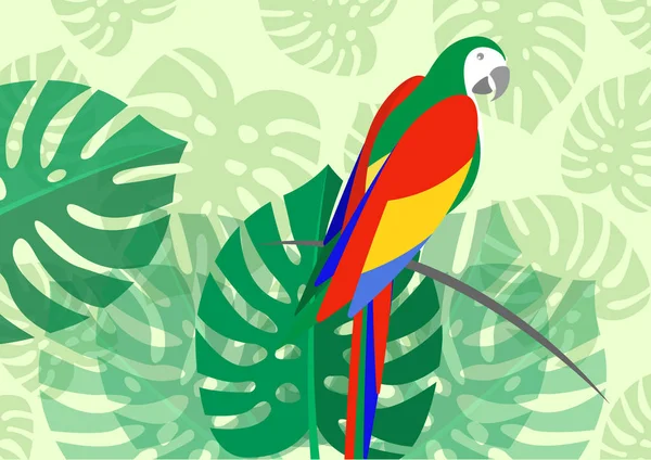 parrot whit floral summer pattern green leaf of a tropical flower monstera background, vector for wallpapers, web page backgrounds, surface textures, textile.