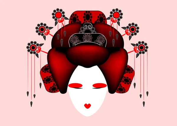 La Reina Roja, Geisha Retrato de chica japonesa o asiática, estilo tradicional con peinado japonés, muñeca mariposa madama, cultura china o japonesa, hermoso vector de moda de fondo rosa — Vector de stock