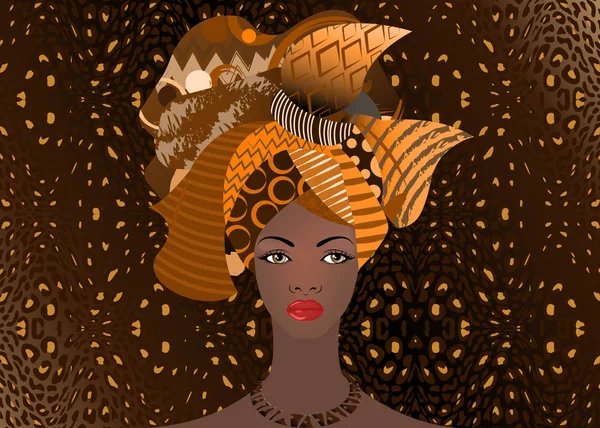 Retrato da jovem mulher africana em um turbante colorido. Envolva Afro moda, Ancara, Kente, kitenge, vestidos de mulheres africanas. Estilo nigeriano, moda ganesa. Vetor com fundo de textura de leopardo — Vetor de Stock