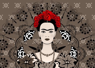 Frida Kahlo vektör portre, genç güzel Meksikalı kadın geleneksel saç modeli, Meksika el sanatları takı ve elbise, vektör ile dekore edilmiş mandala arka plan 