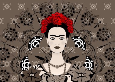 Frida Kahlo vector portrait , young beautiful mexican woman with a traditional hairstyle,  Mexican crafts jewelry and dress, vector decorated mandala background  clipart