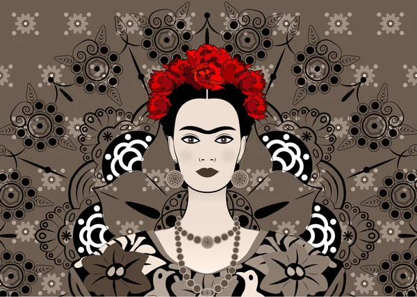 Frida Kahlo vektor porträtt, ung vacker mexikansk kvinna med en traditionell frisyr, mexikanska hantverk smycken och klänning, vektor inredda mandala bakgrund — Stock vektor