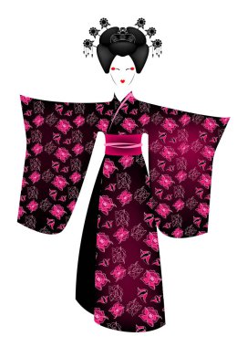 Japon ya da Asyalı kız, Japon kimono, Madam kelebek stili ile geleneksel tarzda portresi. Geleneksel geyşa çiçekler, geleneksel kıyafet, pembe etnik giysiler desenle Kimono kostüm 