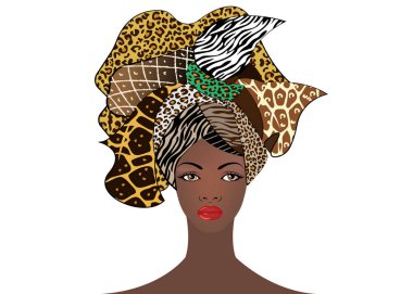 genç Afrikalı kadın renkli Türban portresi. Şal Afro moda, Ankara, başşehir, kitenge, Afrika bayan elbise. Nijeryalı stil, hayvan doku ile Ganalı moda. İzole vektör veya beyaz 