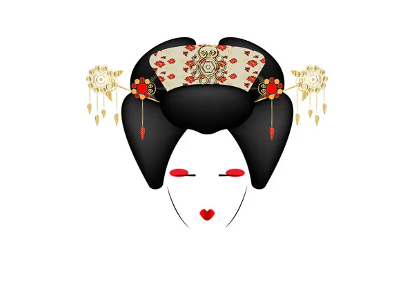 Γκέισα πορτρέτο της Ιαπωνίας ή ασιατικό κορίτσι, παραδοσιακό στυλ, με χρυσά στολίδια χτένισμα, madama butterfly κούκλα Κινεζικά ή τα ιαπωνικά Πολιτισμός, εικονογράφηση διάνυσμα όμορφη μόδας απομονωθεί ή λευκό — Διανυσματικό Αρχείο