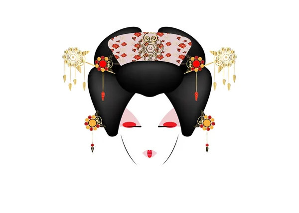 Geisha Retrato de chica japonesa o asiática, estilo tradicional con peinado japonés, muñeca mariposa madama, cultura china o japonesa, moda Pekín Opera Doll, ilustración vectorial aislado — Vector de stock