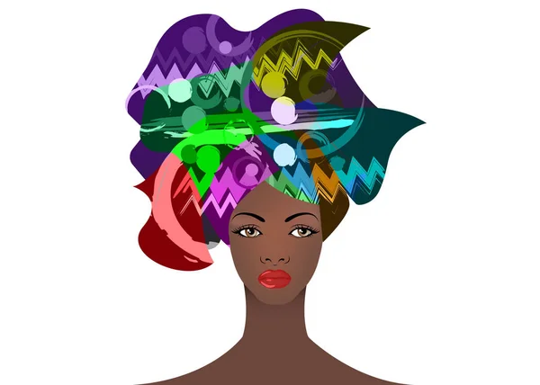 Portrait de la jeune femme africaine dans un turban coloré. Wrap Afro fashion, Ankara, Kente, kitenge, robes de femmes africaines. Style nigérian, mode ghanéenne. Vecteur d'impression, affiche, t-shirt. Isolé — Image vectorielle