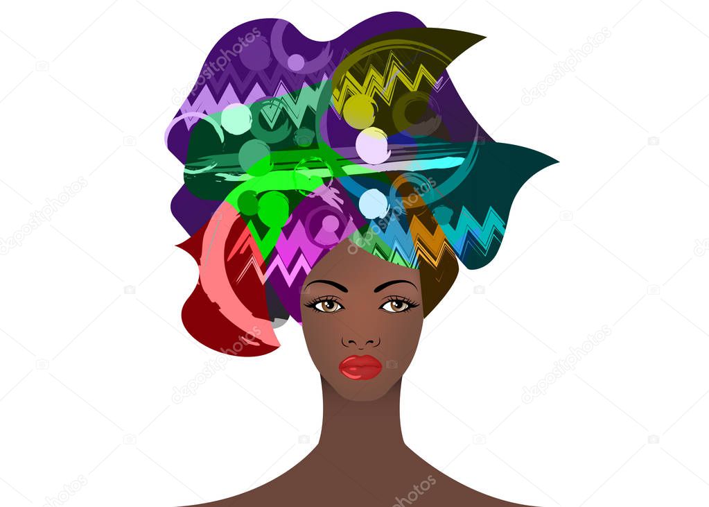 portrait the young African woman in a colorful turban. Wrap Afro fashion, Ankara, Kente, kitenge, African women dresses. Nigerian style, Ghanaian fashion. Vector for Print, poster, t-shirt. Isolated 