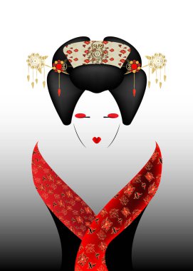 Japon ya da Asyalı kız, Japon kimono, Madam kelebek stili ile geleneksel tarzda portresi. Çince veya Japonca saç modeli kültür. Kadın oryantal moda makyaj. Vektör çizim