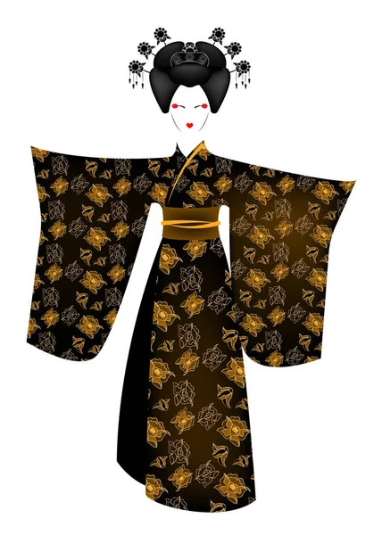 Πορτραίτο κοριτσιού Ιάπωνας ή Ασιάτης, παραδοσιακό στυλ με Ιαπωνικά κιμονό, madama butterfly στυλ. Γκέισα παραδοσιακή φορεσιά κιμονό με μοτίβο λουλουδιών, παραδοσιακό φόρεμα σατέν έθνικ ρούχα — Διανυσματικό Αρχείο