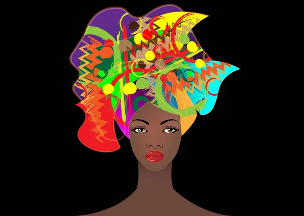 Potret wanita muda Afrika dalam sorban berwarna-warni. Bungkus pakaian Afro, Ankara, Kente, kitenge, gaun wanita Afrika. Gaya Nigeria, Ghanaian fashion. Vektor untuk Cetak, poster, t-shirt, kartu - Stok Vektor