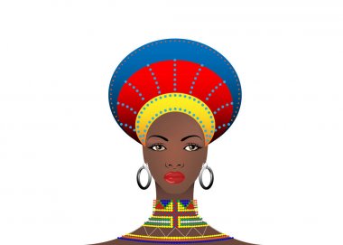 Afrikalı kabile giyim kadın Zulu, şirin Güney Afrikalı kadın portresi. Tipik Bantu milletin genç kız evli kadınlar için giyim. Afro Headdress etnik küpe ve kolye vektör ile izole