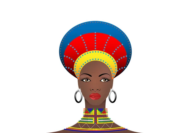 African Tribe Clothes Female Zulu, portrait of cute south african woman. Typical clothing for married women, young girl of Bantu nation. Afro Headdress with ethnic earrings and necklace Vector isolate — Stock Vector