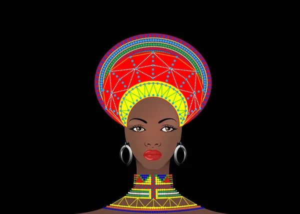 Roupas Tribo Africano Feminino Zulu, retrato de mulher sul-africana bonito. Roupa típica para mulheres casadas, jovem da nação Bantu. Afro Cobertura para a cabeça com brincos étnicos e colar Vector isolado — Vetor de Stock