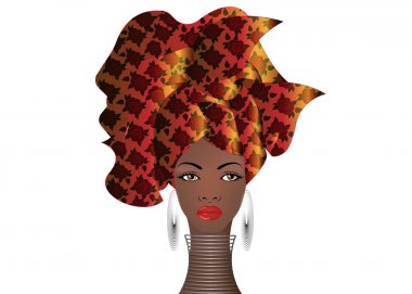 renkli sarık genç Afrikalı kadın portresi. Şal Afro moda, Ankara, başşehir, kitenge, Afrika bayan elbise. Nijeryalı stil, Ganalı moda. Baskı, poster, tişört, kart için izole vektör