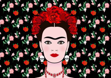 Frida Kahlo vektör portre, geleneksel bir saç modeli ile genç güzel bir Meksikalı kadın Meksika el sanatları takı ve küpe kafatasları, vektör izole veya çiçek arka plan 