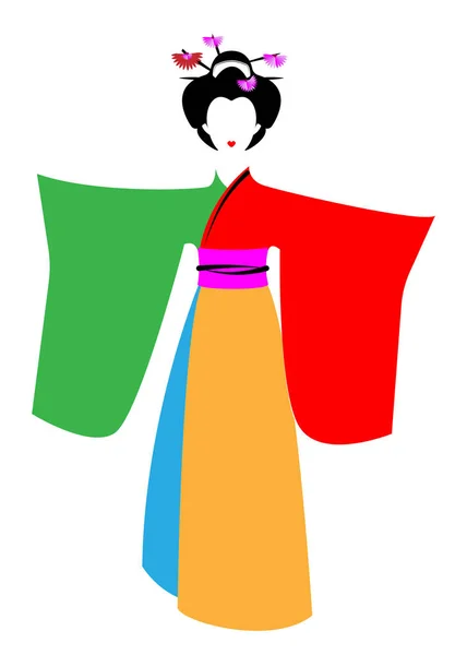Πορτραίτο κοριτσιού Ιάπωνας ή Ασιάτης, παραδοσιακό στυλ με Ιαπωνικά κιμονό, madama butterfly στυλ. Πολύχρωμα παραδοσιακά γκέισα κοστούμι κιμονό, παραδοσιακές φορεσιές, σατέν έθνικ ρούχα. Διάνυσμα απομονώσει — Διανυσματικό Αρχείο