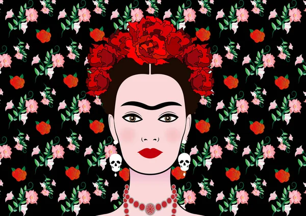 Frida Kahlo retrato vetorial, jovem bela mulher mexicana com um penteado tradicional, artesanato mexicano jóias e brincos crânios, vetor isolado ou fundo floral — Vetor de Stock
