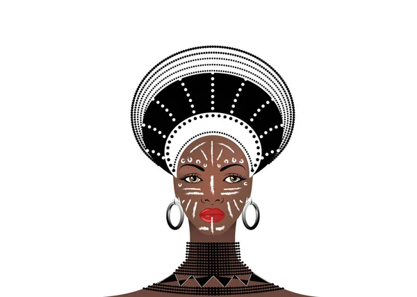 African Tribe Headdress Female Zulu, portrait of cute south african woman. Typical clothing for married women, young girl of Bantu nation. Afro tribal painted face with ethnic jewelry. Vector isolated or white background — Stock Vector