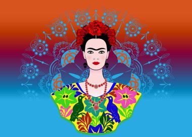 Frida Kahlo vektör portre, geleneksel bir saç modeli ile genç güzel bir Meksikalı kadın. Taç kırmızı çiçekler, Meksika el sanatları takı ve elbise, vektör mandala arka plan dekore edilmiştir. 