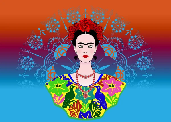 Frida Kahlo retrato vectorial, joven hermosa mujer mexicana con un peinado tradicional. Corona de flores rojas, artesanía mexicana joyería y vestido, vector decorado fondo mandala — Vector de stock