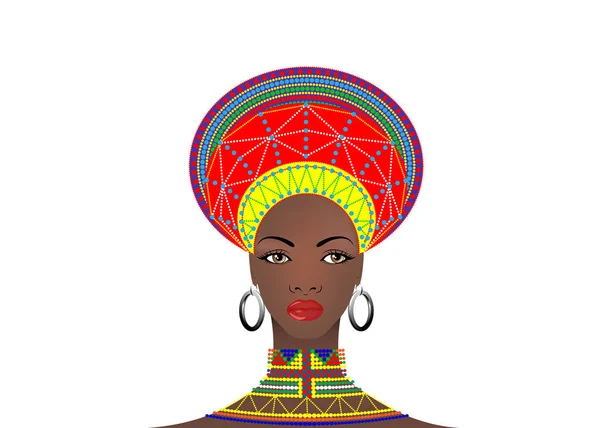 African Tribe Clothes Female Zulu, portrait d'une femme sud-africaine mignonne. Vêtements typiques pour femmes mariées, jeune fille de la nation bantoue. Chapeau Afro avec boucles d'oreilles ethniques et collier isolat vectoriel ou fond blanc — Image vectorielle